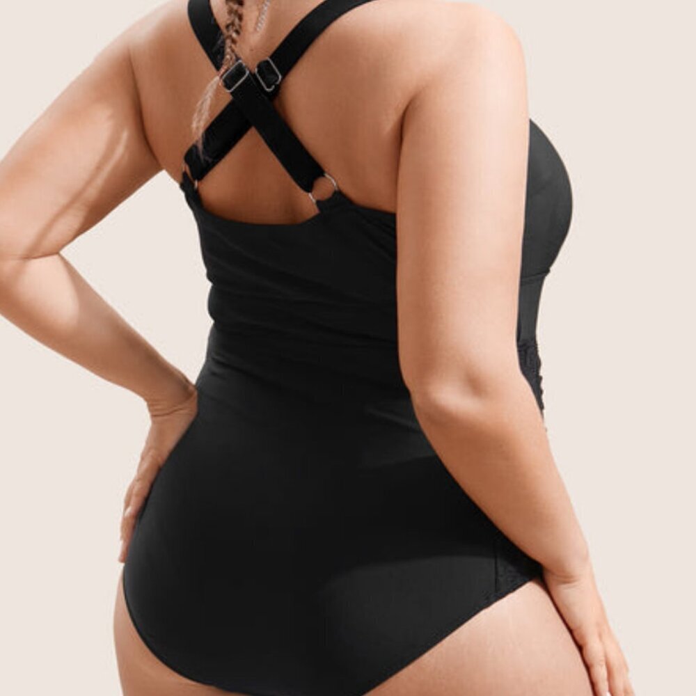 BloomChic Black Crisscross One Piece Swimsuit Ruched Tummy Control Womens 10 - Picture 6 of 14